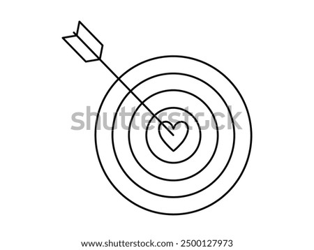 Hand drawn cute outline illustration arrow hit center of target with heart. Flat vector mutual feelings line art doodle style. Find perfect match icon. Dating online app print. Romantic love. Isolated