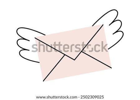 Hand drawn cute cartoon illustration mail with outline wings. Flat vector important news letter doodle style. Flying message icon, print. Business email delivery. Communication notification. Isolated.