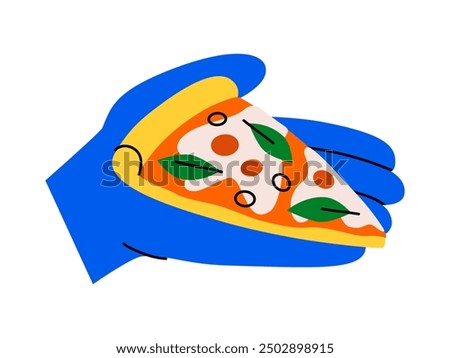 Hand drawn cute cartoon illustration slice pizza in hand. Fast food meal with arm. Flat vector unhealthy dinner delivery doodle. Italian cuisine icon. Eating disorder. Junk food overeating. Isolated.