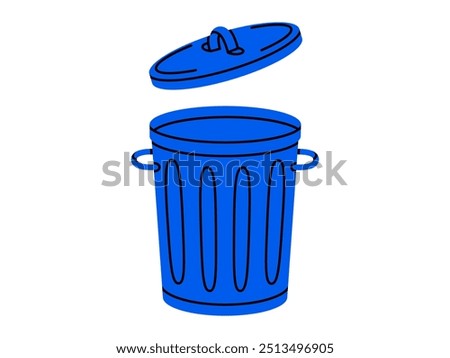 Hand drawn cute cartoon illustration of big garbage can with open lid. Flat vector trash bin, environmental pollution design in colored doodle style. Ecology sticker, icon. Rubbish disposal. Isolated.