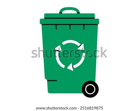 Hand drawn cute cartoon illustration of green garbage can with wheel. Flat vector recycling trash bin, environmental pollution design in doodle style. Ecology sticker, icon. Waste sorting. Isolated.