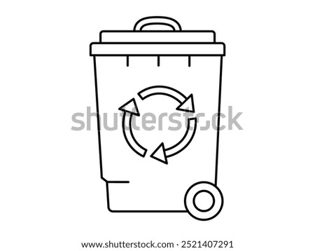 Hand drawn cute outline illustration of big garbage can with wheel. Flat vector trash bin, environmental pollution design in line art doodle style. Ecology sticker, icon. Rubbish disposal. Isolated.