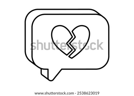 Hand drawn cute outline illustration speech bubble with broken heart. Flat vector disagree message line art doodle. Negative reaction. Social media icon. Dating app. Dislike from follower. Isolated.