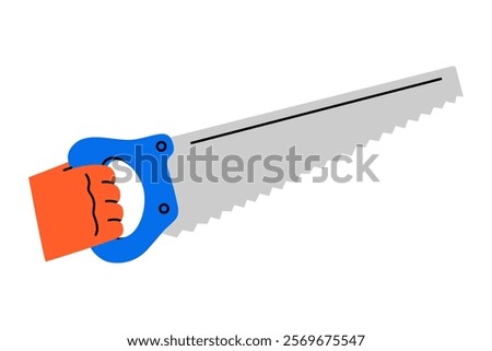 Hand drawn cute cartoon illustration of hand with saw instrument. Flat vector sharp repair tool with blade in arm doodle. Support service icon. Settings or fix problem sticker. Find solution. Isolated