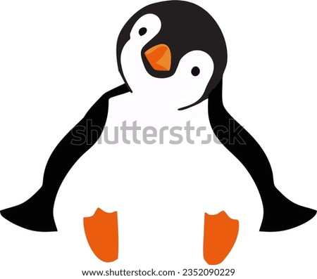 Penguin, cute ıllustratoin vector drawing of penguin sitting with suprised face, penguin with orange feet and tilted head
