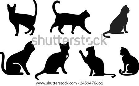 Cat vector icon collection, printable black drawing cats sitting, walking, playing