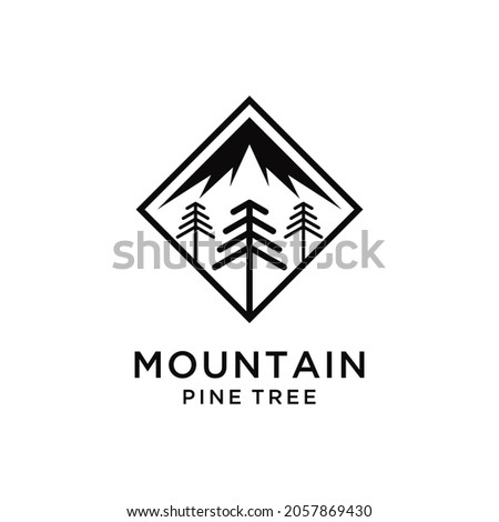Mountain logo outdoor emblem  - adventure wildlife pine tree forest design, hiking exploration nature, camping basecamp campfire on a white background.