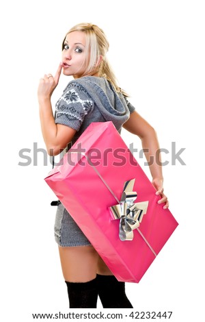 funny woman with huge pink christmas-box