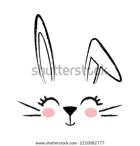 Cute rabbit face with curved ear, doodles style. Hare's head, cartoon outline, hand-drawn, pencil texture. Cute character for Easter, decoration of children's rooms. Symbol of 2023, Chinese horoscope