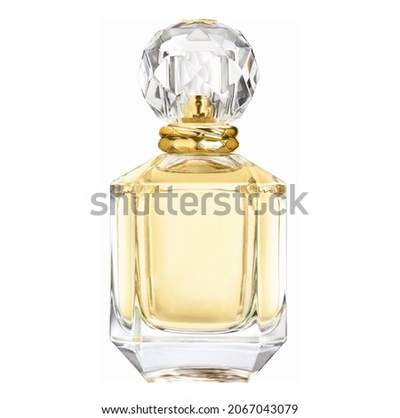 Women's Eau De Parfum Spray Bottle Isolated on White. Yellow Golden Beautiful 30ml Bottle of Perfume. Floral Fruity Fragrance for Women. Perfume Spray. Modern Luxury Lady Parfum De Toilette