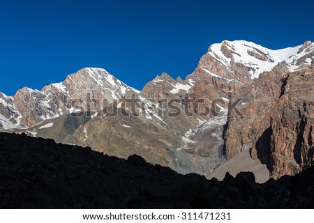 Mountain Range View.\
Morning Sunlight Landscape of Summits Peaks Ridge with Steep Rock Walls and Glaciers on Top at Fan Mountains Valley of Tajikistan