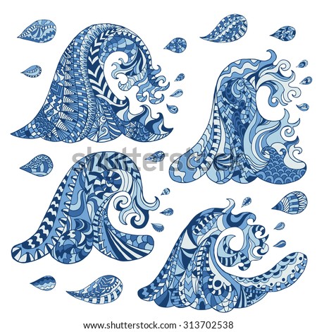 Set Of Zentangle Waves And Drops. Vector. - 313702538 : Shutterstock