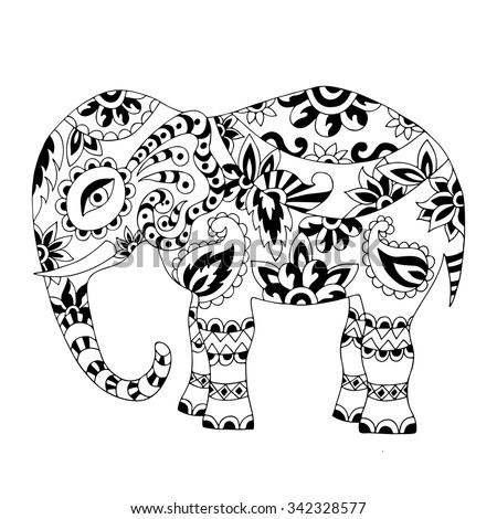 Hand Drawn Zentangle Elephant For Adult Anti Stress. Coloring Page With ...