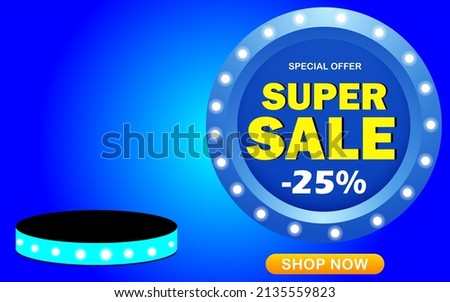 25% off. Super sale banner. 25 percent off. Mega sale special offer. Banner for special promotion announcement. Circular blue template with lights around.