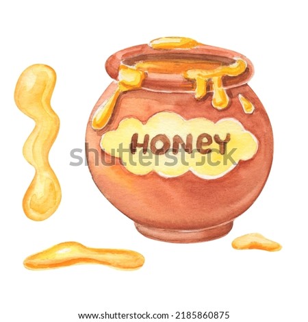 Watercolor cartoon pot with honey. Bright food illustration isolated on white. 
