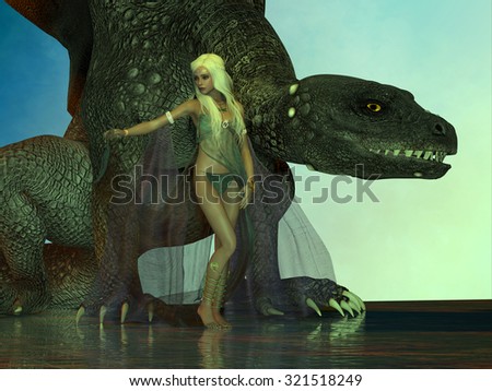 Dragon protects Fairy - A fierce dragon with huge teeth and claws watches over a blond fairy from the magic woodlands.