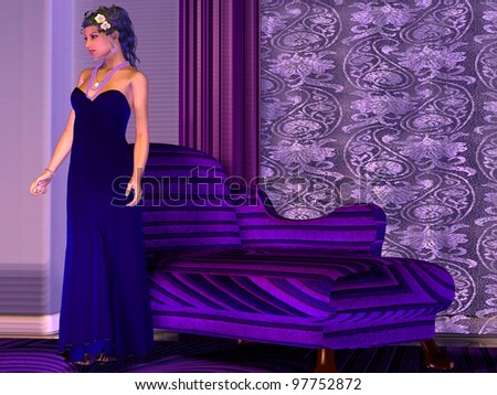 Lady in Lilac Room - A beautiful young lady poses in a modern luxury room in lilac and purple colors.