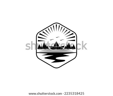 Mountain, River, Boat, Sunset, And Beach Landscape Logo Design With Sea Lake River Symbol Vector Icon.