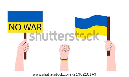 Persons holding banners, flag Ukrainian. No war in Ukraine. Anti-war demonstration. Stay with Ukraine concept. Support for Ukraine. Vector illustration isolated on white background