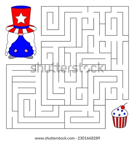 American Independence Day maze game for kids. Cute gnome looking for a way to the cupcake. Doodle cartoon style. Printable worksheet.