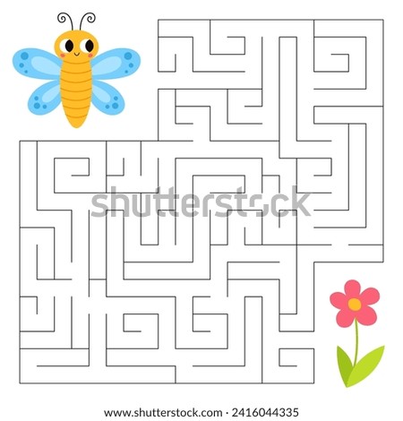 Insects maze game for kids. Cute butterfly looking for a way to the flower. Printable worksheet with solution for school and preschool.