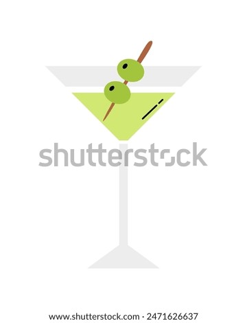 Martini glass with olives. Hand drawn alcohol cocktail. Vector cartoon flat illustration.