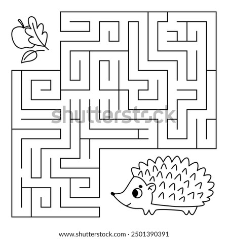 Animal maze game for kids. Cute line hedgehog looking for a way to the apple and leaves. Printable worksheet with solution for school and preschool. Vector cartoon illustration.