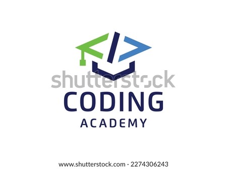 Code symbol with graduation cap for coding education academy logo design