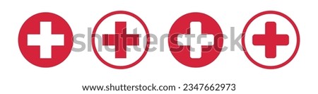 Red cross sign. Medical icon set. Isolated cross plus sign on white background.