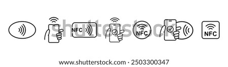 Nfc pay icon. Mobile phone payment. Tap to pay vector set. Cashless card payment. Nfc wireless mobile banking isolated signs.