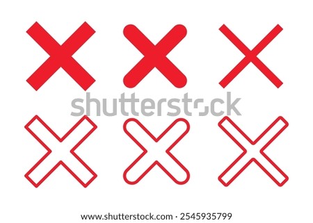 Red cross icon. Red x sign set. No symbol mark, wrong sign vector button. X shape cross for checkbox or box isolated white background.