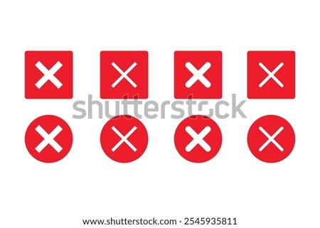 Red cross icon. Red x sign set. No symbol mark, wrong sign vector button. X shape cross for checkbox or box isolated white background.