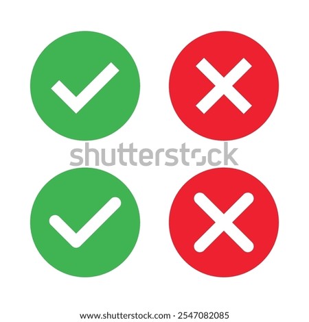 Checkmark x mark icon. Green checkmark and red x sign. Correct error vector symbol isolated on white background. Vote checkmark in circle and square box.