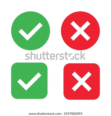 Checkmark x mark icon. Green checkmark and red x sign. Correct error vector symbol isolated on white background. Vote checkmark in circle and square box.