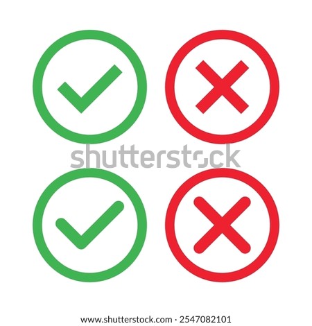 Checkmark x mark icon. Green checkmark and red x sign. Correct error vector symbol isolated on white background. Vote checkmark in circle and square box.