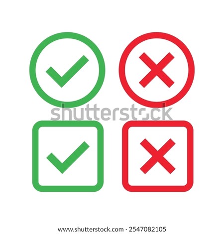 Checkmark x mark icon. Green checkmark and red x sign. Correct error vector symbol isolated on white background. Vote checkmark in circle and square box.