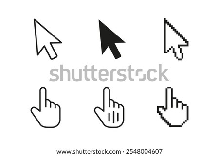 Cursor icon. Vector arrow pointer. Computer mouse click sign. Isolated web cursor set. Hand with finger on white background.