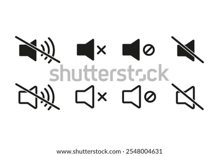 Sound icon. Volume mute sign. Audio speaker mute volume vector set. Quiet sign isolated on white background.