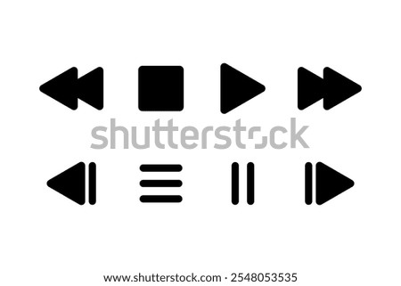 Player buttons. Music control icons. Play stop pause next previous black buttons. Isolated controls on white background.