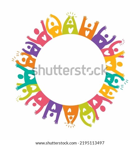 A group of happy people with their hands raised in the air settled in a circle. Vector illustration drawn by hand.	
