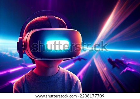 Similar – Image, Stock Photo Boy with virtual reality glasses on colorful background. Future technology, VR concept