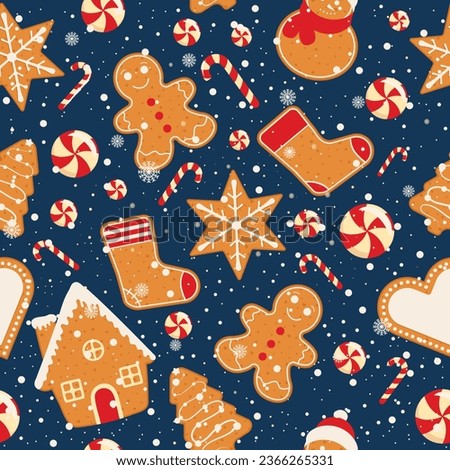 Seamless Christmas pattern, different shapes of gingerbread cookies: gingerbread man, snowman, star, sock, tree, house, heart, and candies, candy canes; falling snow and snowflakes, blue background