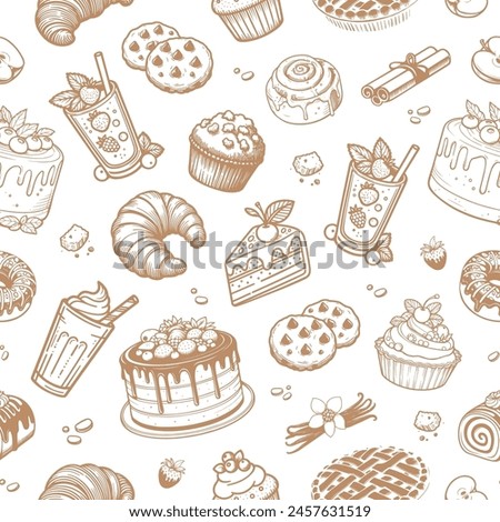 Seamless dessert pattern. Cake, cheese cake, apple pie, cookies, cinnamon roll, croissant, doughnut, muffin, smoothie, milkshake. Suitable for wrapping paper, background, textile 