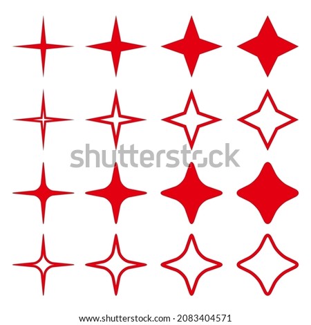 Star shapes collection. Silhouetes and outline red vour pointed stars. Simple design elements set. Vector illustration isolated on white.