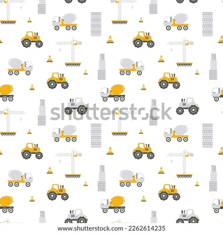 Concreate mixer, crane, truck, safety barrier and buildings seamless patterns for kids. Repeatable vector illustration. Creative kids texture for fabric, wrapping, textile, wallpaper, apparel.