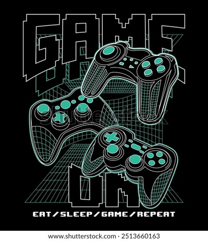 Gaming illustration, game on, wireframe gaming console vector print