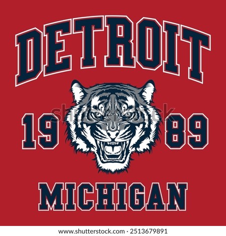 Tiger varsity print, Detroit Michigan athletic vector print illustration