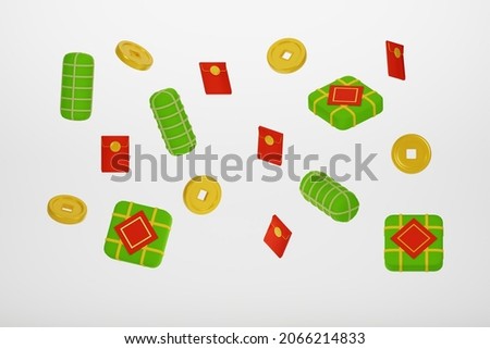 3D model for Tet Lunar New year in different angles (Banh tet, banh chung, Vietnamese Square square sticky rice cake,  shiny golden coin, lucky money red envelop)