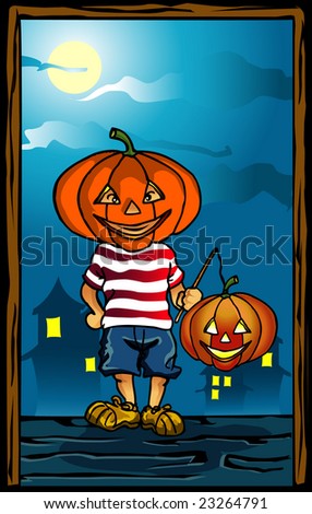 Halloween celebration, a kid wearing a pumpkin mask, taken a lantern stand in front of the door.