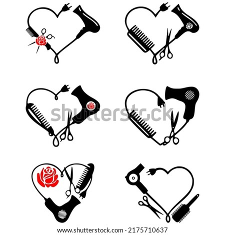 Hairdresser styling accessories professional haircut icon set, symbol of a hair dresser heart